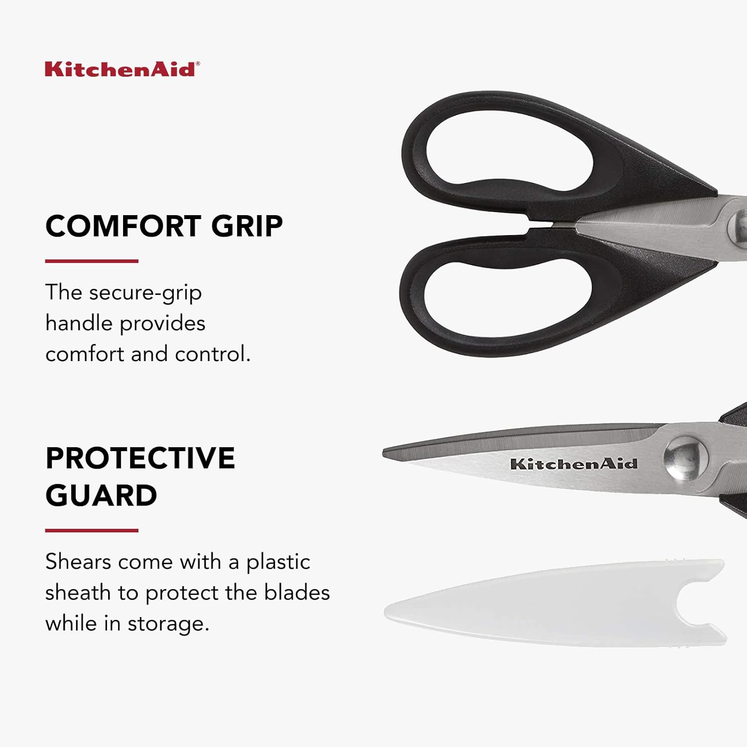 KitchenAid All Purpose Kitchen Shears with Protective Sheath Durable Stainless Steel Scissors, Dishwasher Safe, Soft Grip Comfort Handle, 8.72 Inch, Black