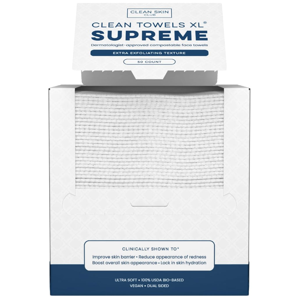 Clean Skin Club Clean Towels XL®, 100% USDA Biobased Face Towel, Disposable Face Towelette, Eczema Association Accepted, Makeup Remover Dry Wipes, Ultra Soft, 1 Pack, 50 Ct