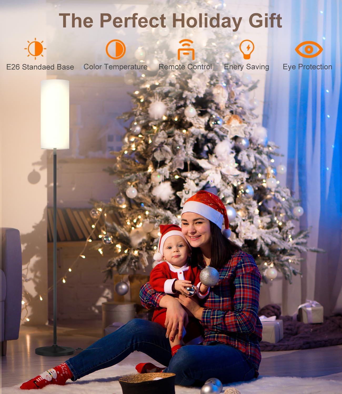 luckystyle Dimmable Floor Standing Tall Lamp, 12W Led Bulb with Lampshade, Foot Switch, Remote Custom Color Temperature Pole for Bedroom, Office, Kids & Living Room, Black