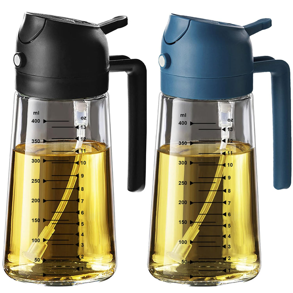 TrendPlain 16oz/470ml Glass Olive Oil Sprayer for Cooking – 2 in 1 Olive Oil Dispenser Bottle for Kitchen Gadgets and Air Fryer Accessories, Salad, BBQ - Black