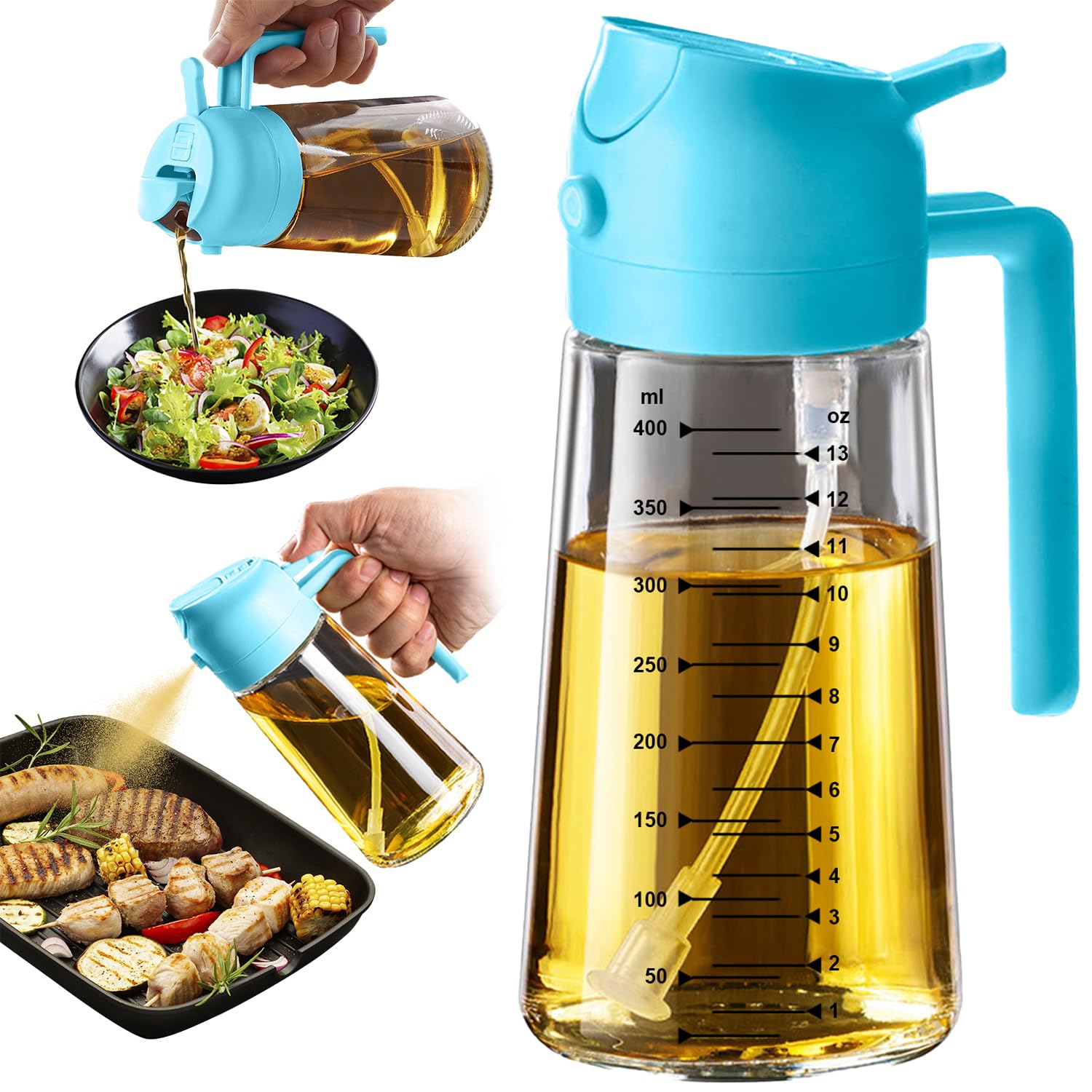 TrendPlain 16oz/470ml Glass Olive Oil Sprayer for Cooking – 2 in 1 Olive Oil Dispenser Bottle for Kitchen Gadgets and Air Fryer Accessories, Salad, BBQ - Black