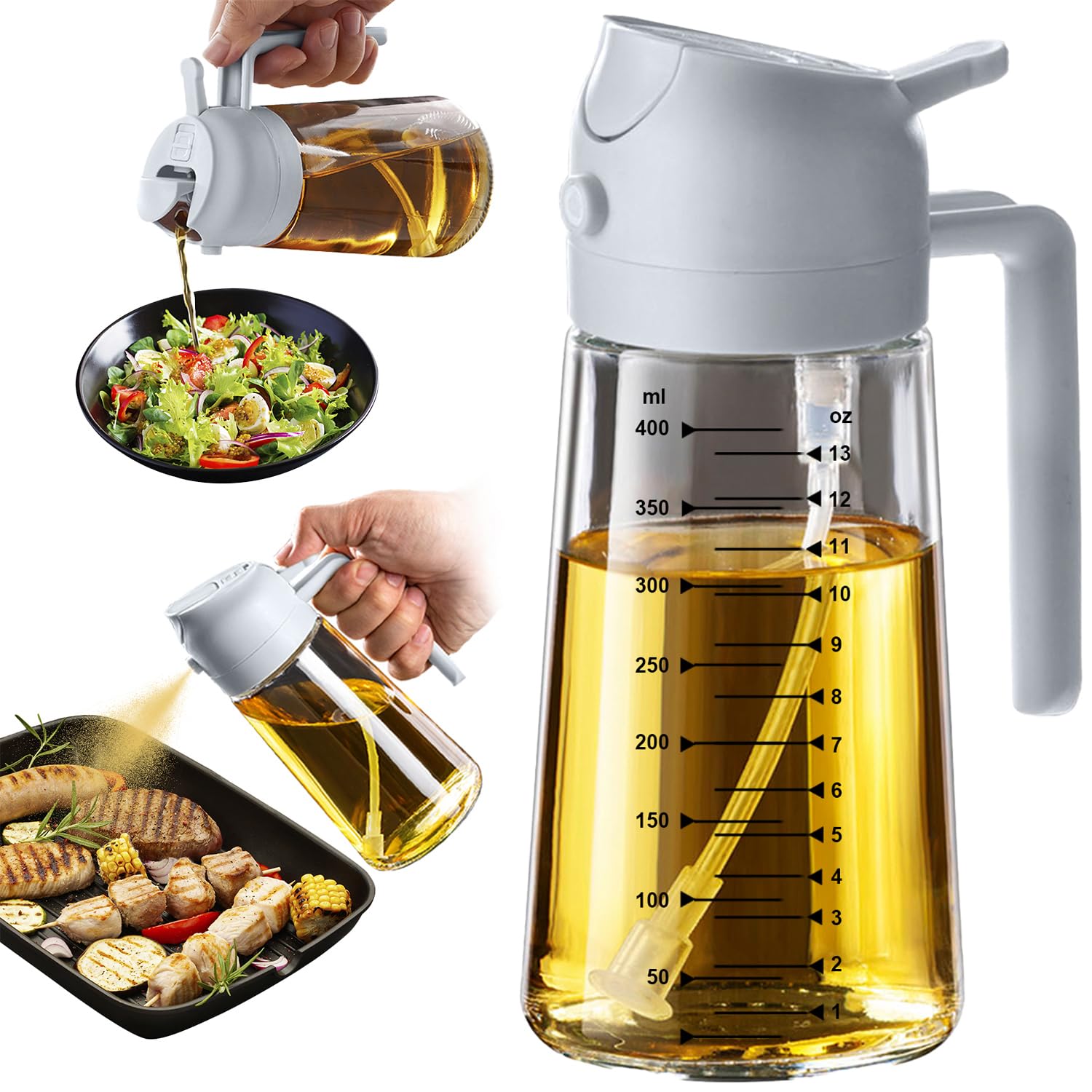 TrendPlain 16oz/470ml Glass Olive Oil Sprayer for Cooking – 2 in 1 Olive Oil Dispenser Bottle for Kitchen Gadgets and Air Fryer Accessories, Salad, BBQ - Black