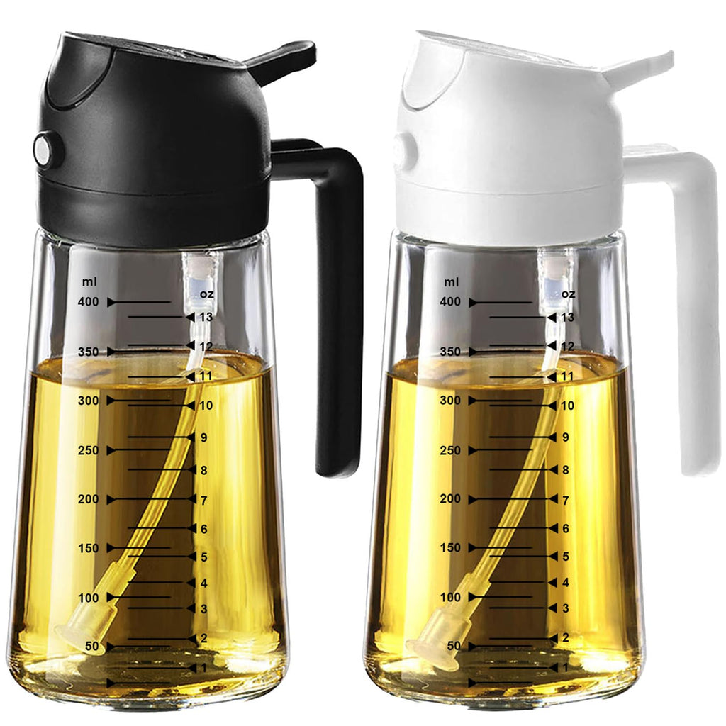 TrendPlain 16oz/470ml Glass Olive Oil Sprayer for Cooking – 2 in 1 Olive Oil Dispenser Bottle for Kitchen Gadgets and Air Fryer Accessories, Salad, BBQ - Black
