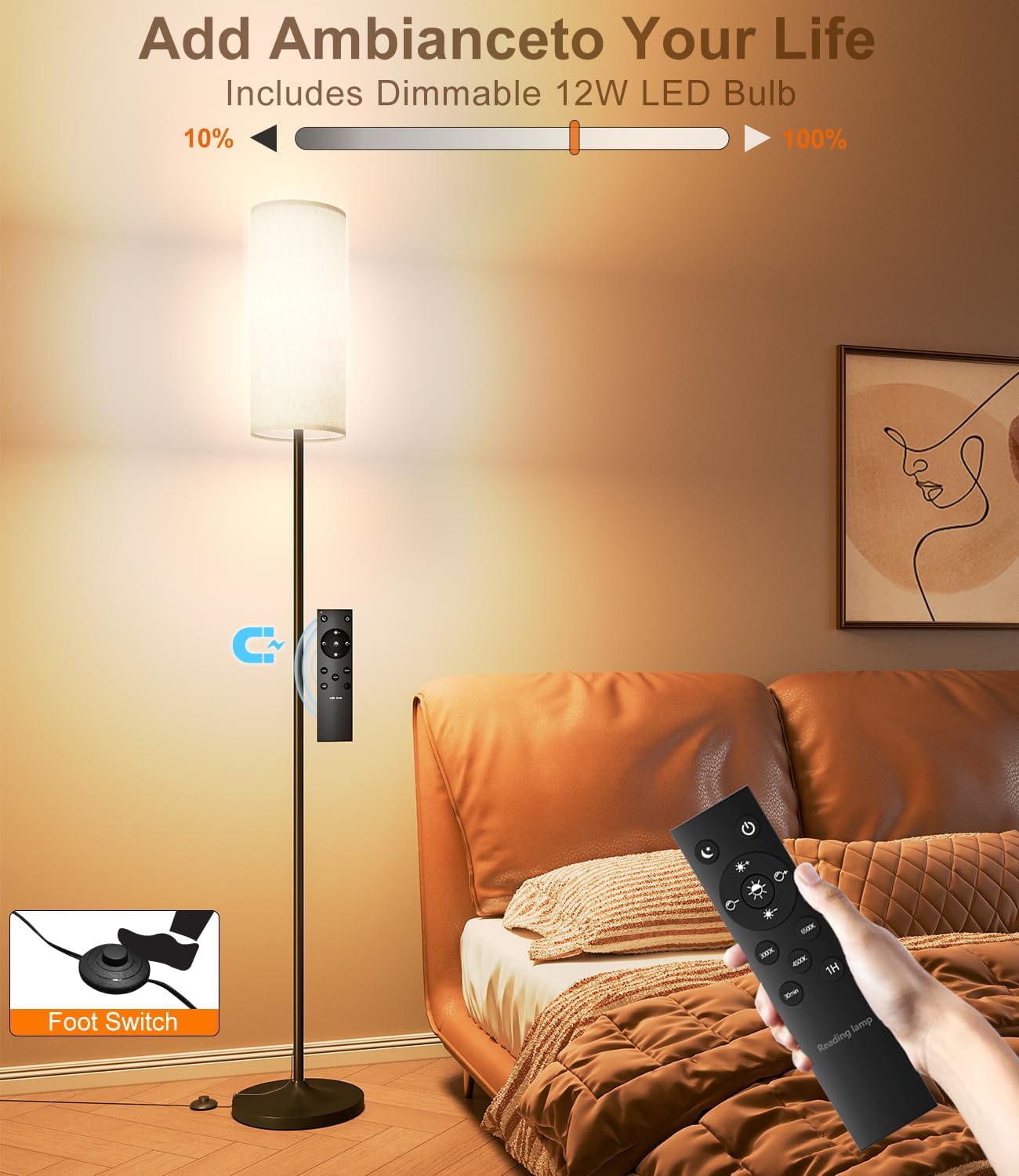luckystyle Dimmable Floor Standing Tall Lamp, 12W Led Bulb with Lampshade, Foot Switch, Remote Custom Color Temperature Pole for Bedroom, Office, Kids & Living Room, Black