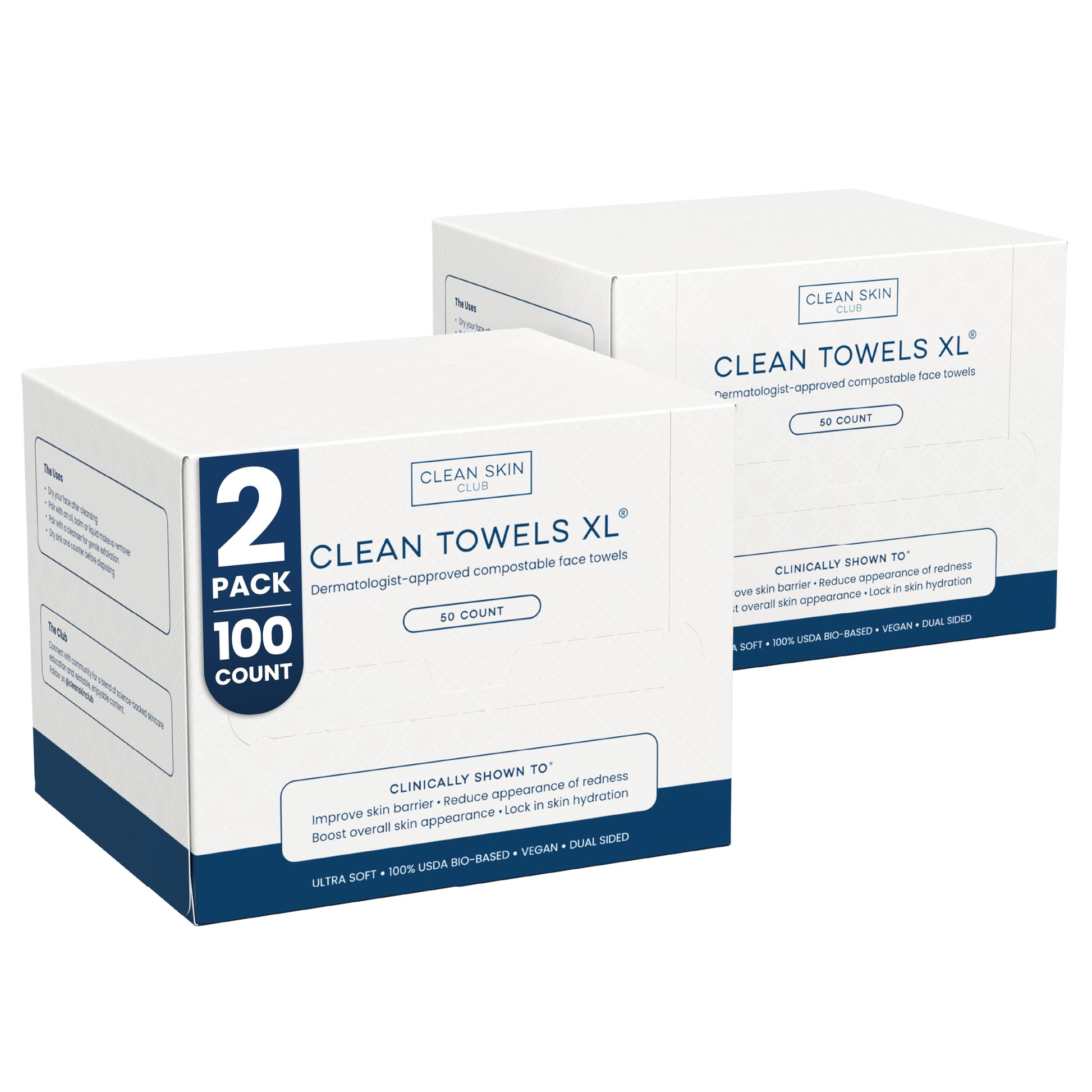 Clean Skin Club Clean Towels XL®, 100% USDA Biobased Face Towel, Disposable Face Towelette, Eczema Association Accepted, Makeup Remover Dry Wipes, Ultra Soft, 1 Pack, 50 Ct