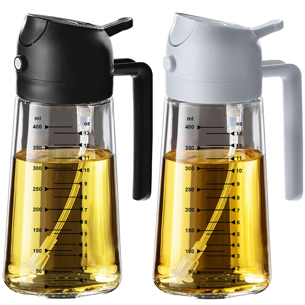 TrendPlain 16oz/470ml Glass Olive Oil Sprayer for Cooking – 2 in 1 Olive Oil Dispenser Bottle for Kitchen Gadgets and Air Fryer Accessories, Salad, BBQ - Black