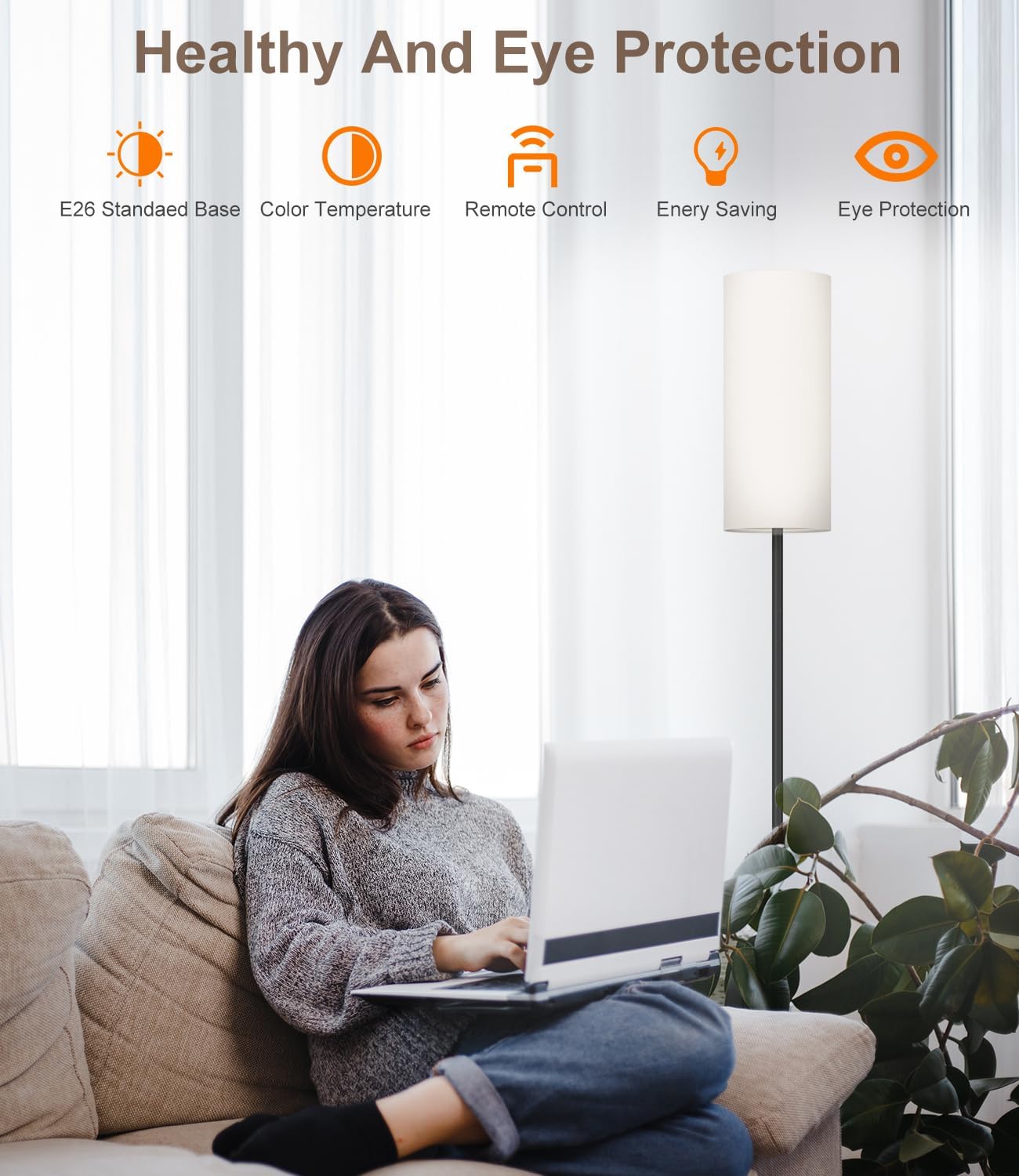 luckystyle Dimmable Floor Standing Tall Lamp, 12W Led Bulb with Lampshade, Foot Switch, Remote Custom Color Temperature Pole for Bedroom, Office, Kids & Living Room, Black