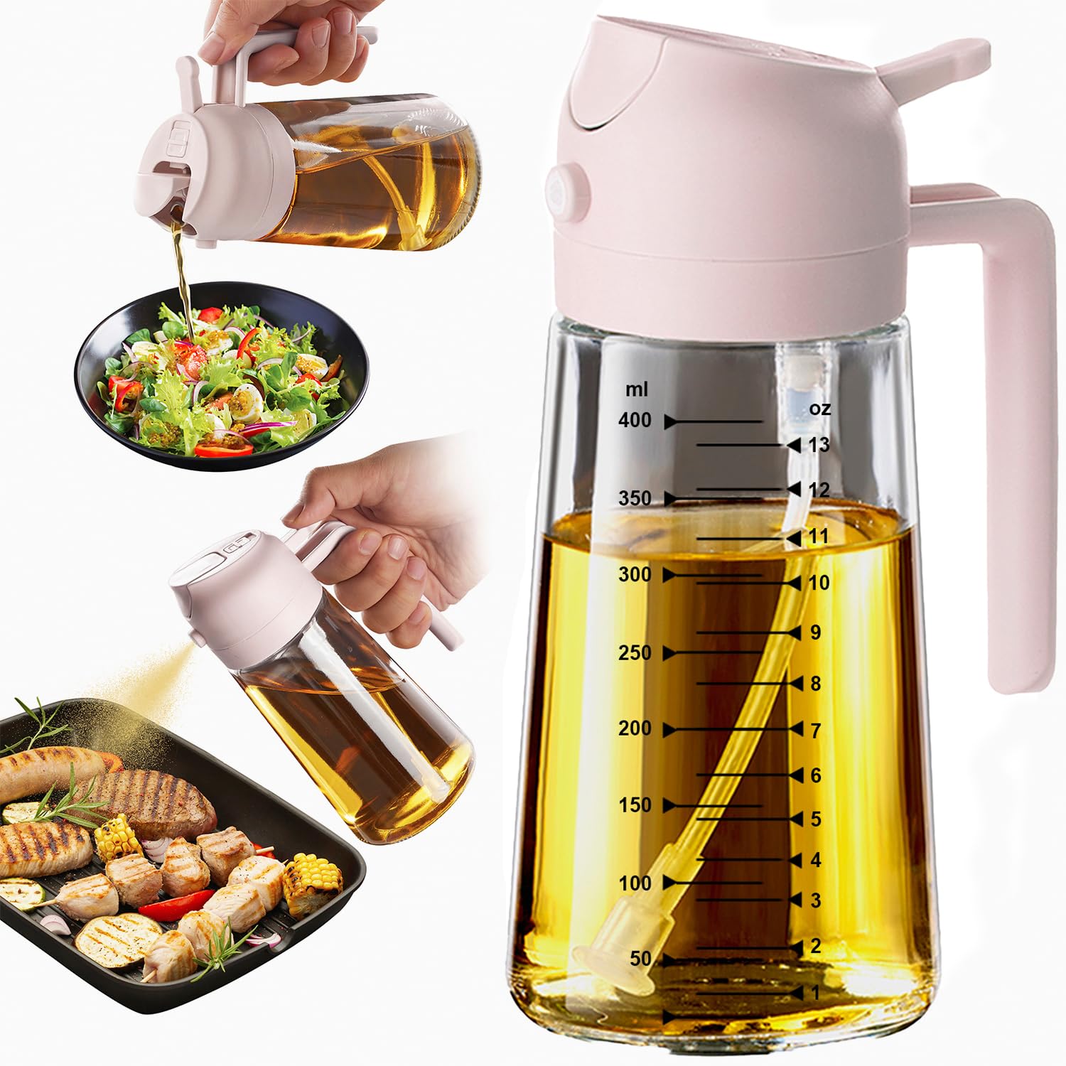 TrendPlain 16oz/470ml Glass Olive Oil Sprayer for Cooking – 2 in 1 Olive Oil Dispenser Bottle for Kitchen Gadgets and Air Fryer Accessories, Salad, BBQ - Black