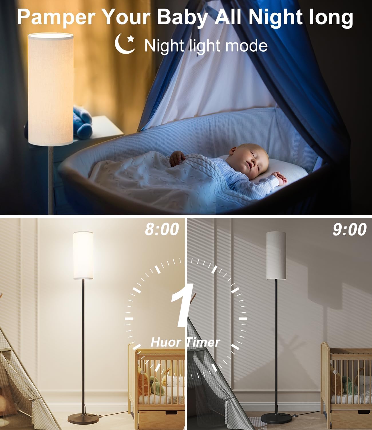 luckystyle Dimmable Floor Standing Tall Lamp, 12W Led Bulb with Lampshade, Foot Switch, Remote Custom Color Temperature Pole for Bedroom, Office, Kids & Living Room, Black