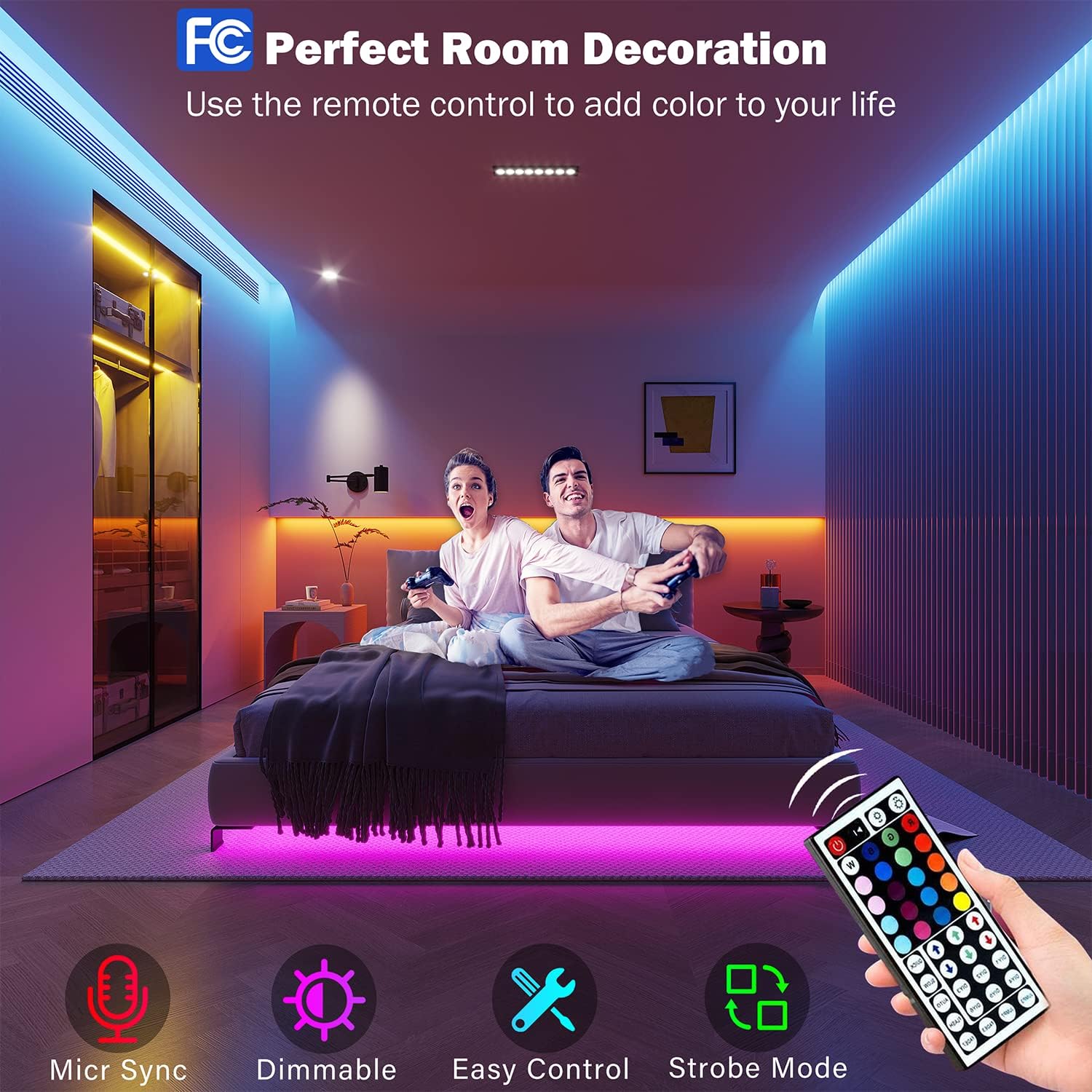 Leeleberd Led Lights for Bedroom 100 ft (2 Rolls of 50ft) Music Sync Color Changing RGB Led Strip Lights with Remote App Control Bluetooth Led Strip, Lights for Room Home Kitchen Party Decor