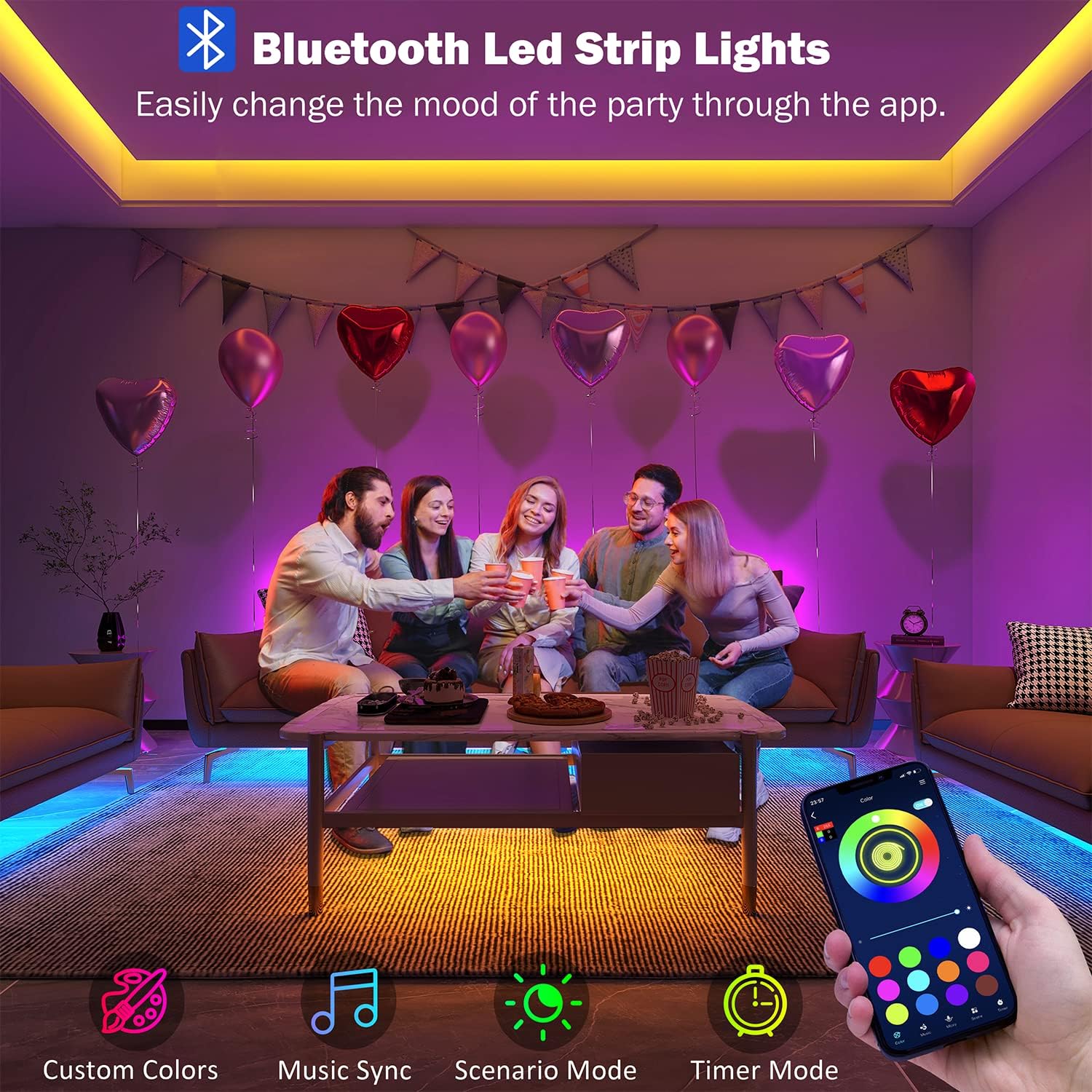 Leeleberd Led Lights for Bedroom 100 ft (2 Rolls of 50ft) Music Sync Color Changing RGB Led Strip Lights with Remote App Control Bluetooth Led Strip, Lights for Room Home Kitchen Party Decor