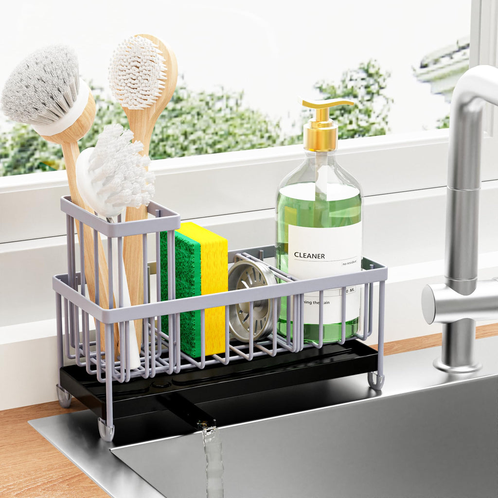 Cisily Black Sponge Holder for Kitchen Sink, Sink Caddy Organizer with High Brush Holder, Kitchen Countertop Organizers and Storage Essentials, Rustproof 304 Stainless Steel, Soap Dispenser Organize