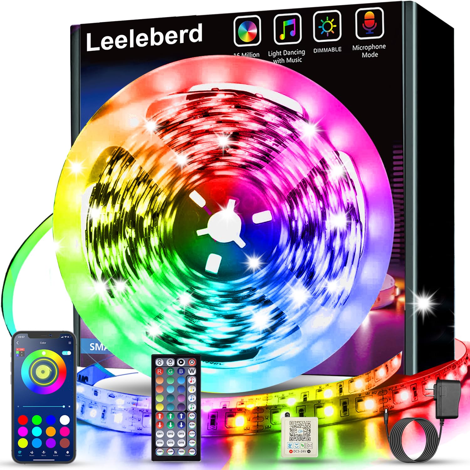 Leeleberd Led Lights for Bedroom 100 ft (2 Rolls of 50ft) Music Sync Color Changing RGB Led Strip Lights with Remote App Control Bluetooth Led Strip, Lights for Room Home Kitchen Party Decor