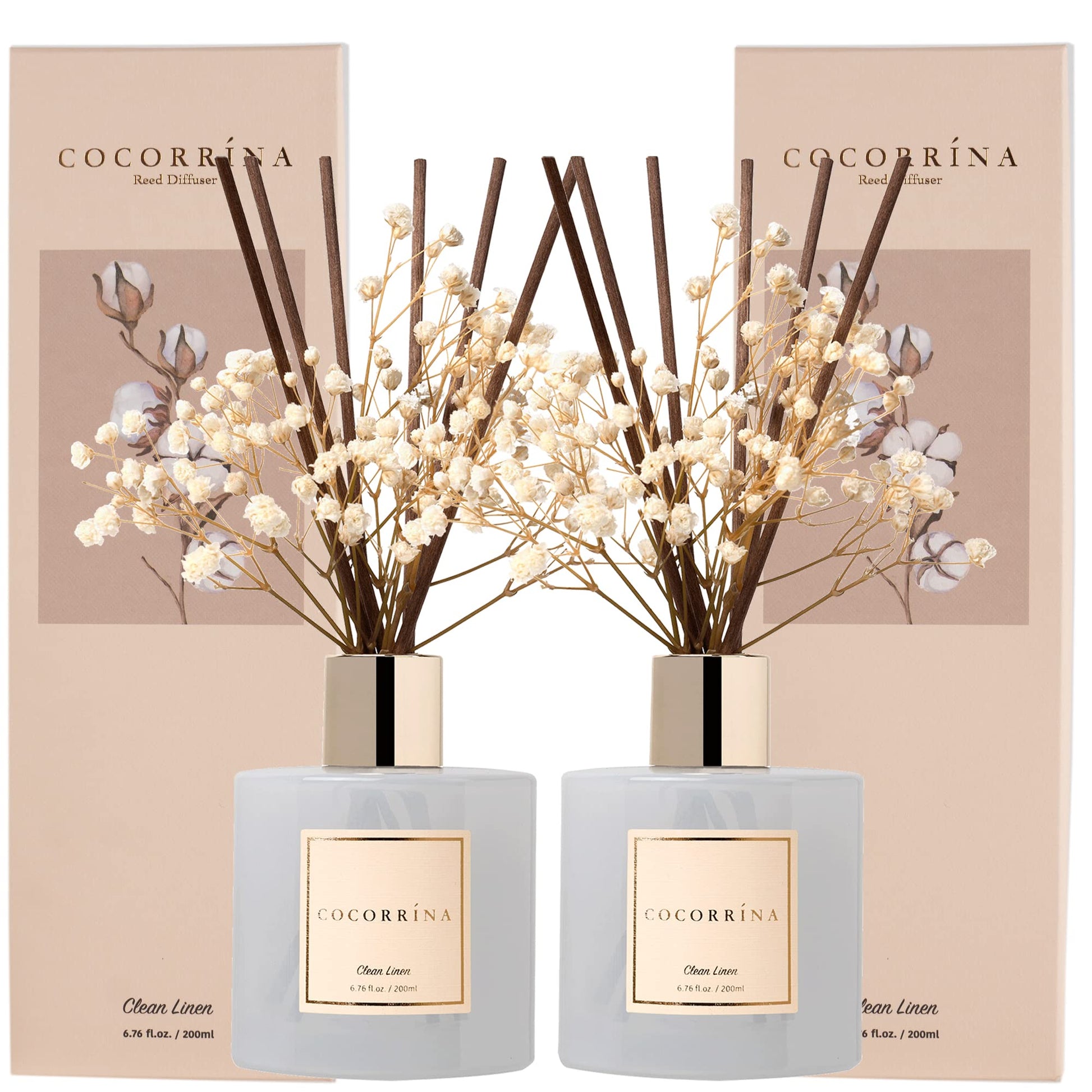 Cocorrína Reed Diffuser Set, Clean Linen 6.7 fl oz Scented Diffuser with Sticks Home Fragrance Reed Diffuser for Bathroom Shelf Decor