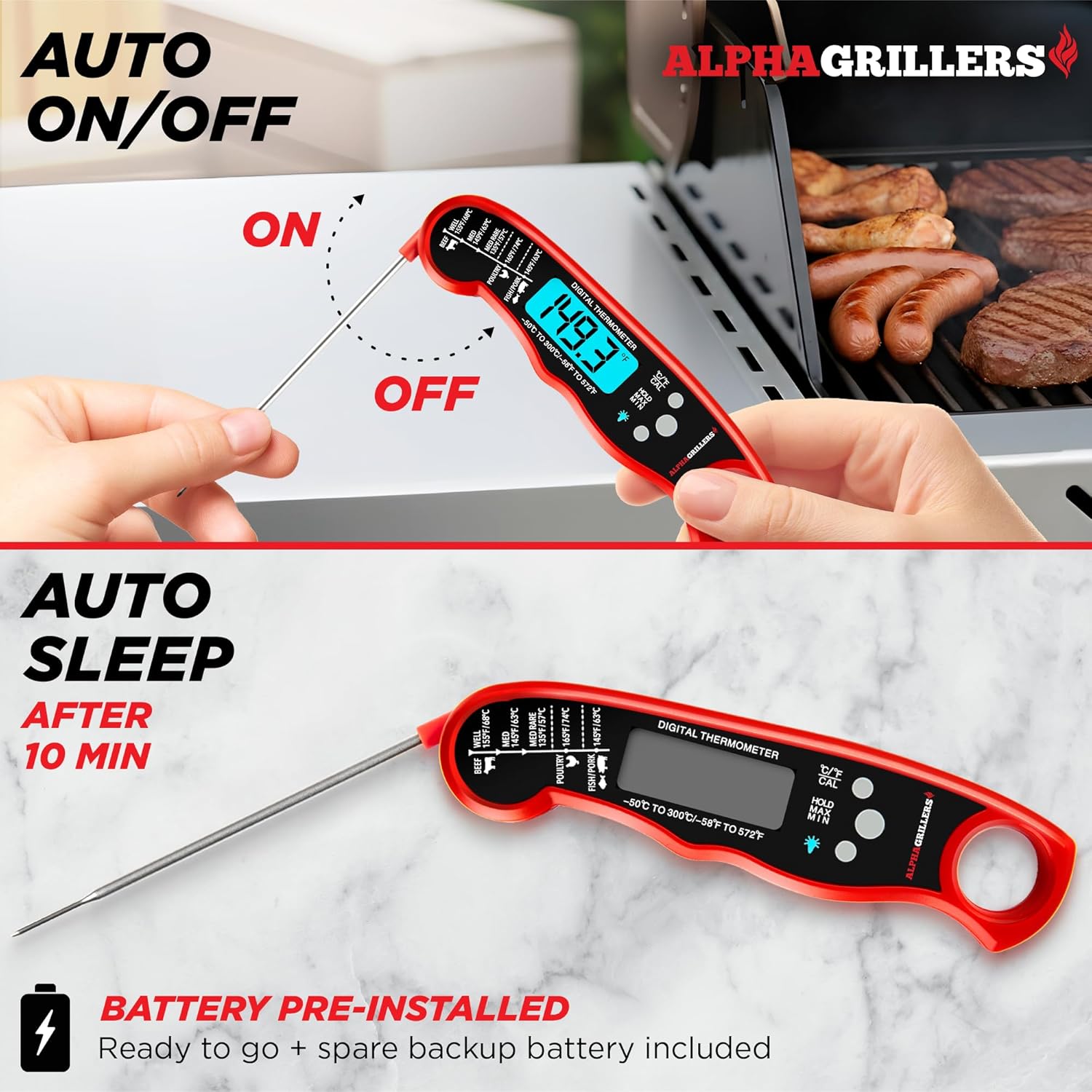 Alpha Grillers Meat Thermometer Digital - Instant Read Food Thermometer for Cooking Grilling BBQ Accessories Kitchen Gadgets Stocking Stuffers for Men Christmas Gifts for Men White Elephant Gifts Him