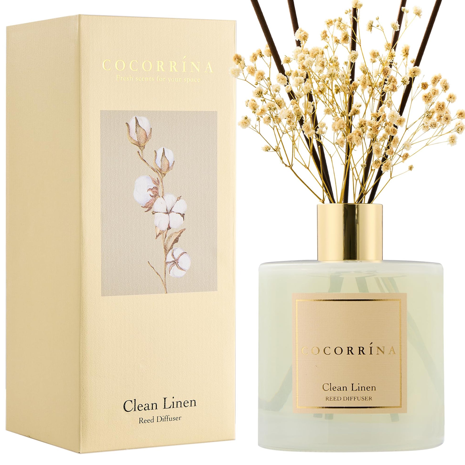Cocorrína Reed Diffuser Set, Clean Linen 6.7 fl oz Scented Diffuser with Sticks Home Fragrance Reed Diffuser for Bathroom Shelf Decor